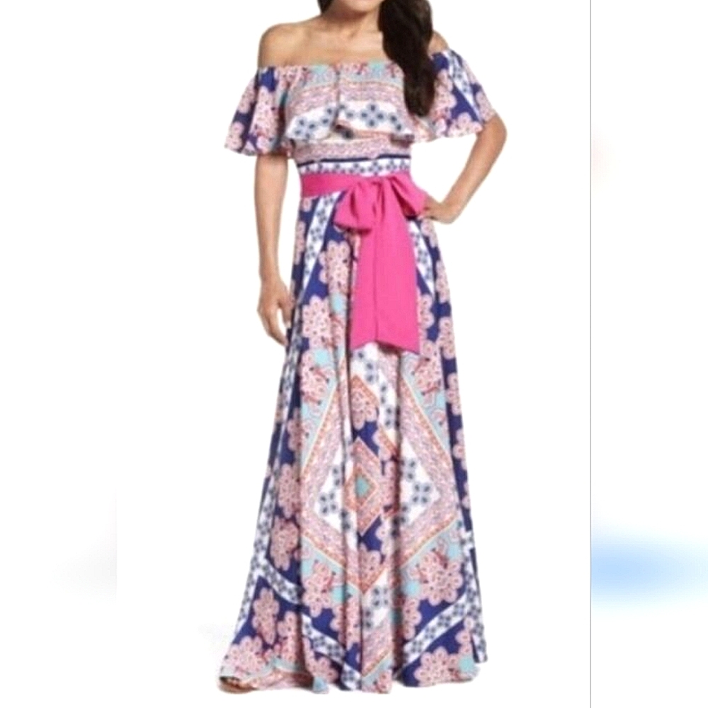 NWT Eliza J Off-Shoulder Maxi Dress in Blue and Pink Size 12